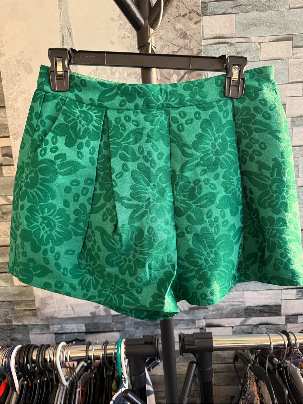 English Factory Green Floral Jacquard Pleated Shorts
